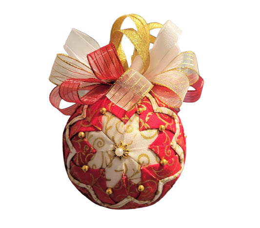 Ornament. Fabric Quilted Ornament. Christmas Ornament. Holiday Ornament. Red Gold Starburst. Christmas Tree Ornament. Holiday Ornament. Christmas Decor. Holiday Decor.