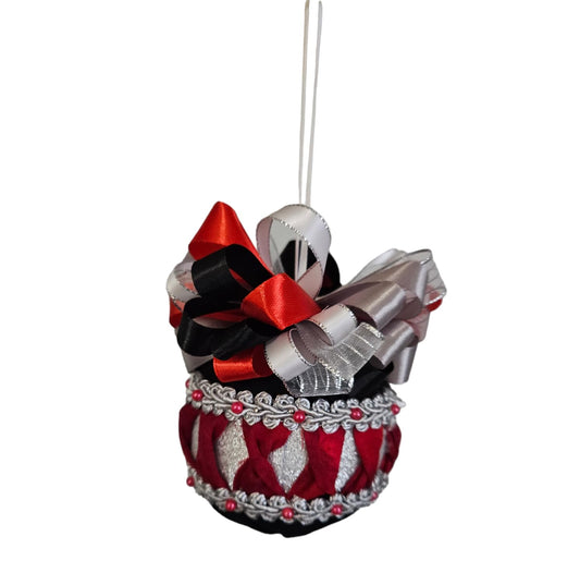 Ornament. Fabric Quilted Ornament. Christmas Ornament. Holiday Ornament. Red Silver Black Parasol Fabric Folded Ornament. Christmas Tree Ornament. Holiday Ornament. Christmas Decor. Holiday Decor.