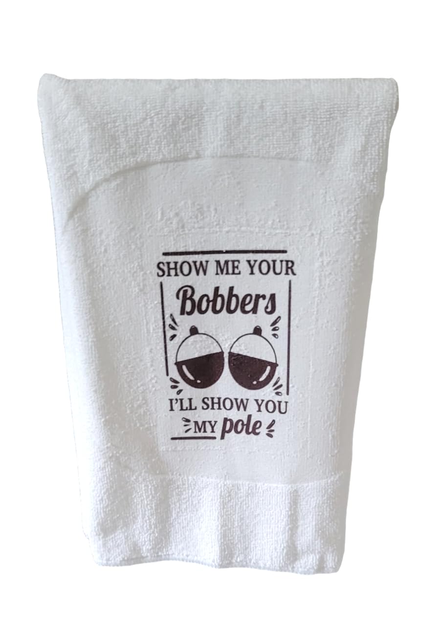 Fishing Hand Towel. Hand Towel. Show Me Your Bobbers ... I'll Show You My Pole. Fishing Gift. Gag Gift. Towel. Fish Towel.