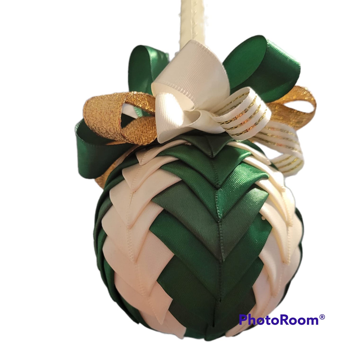 Ornament. Fabric Quilted Ornament. Christmas Ornament. Holiday Ornament. Green White Cascade