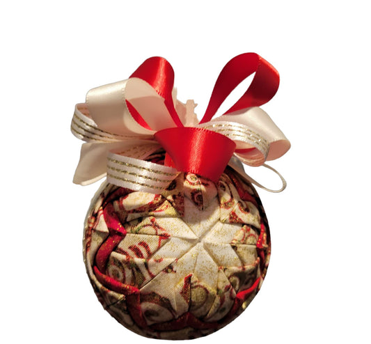 Ornament. Fabric Quilted Ornament. Christmas Ornament. Holiday Ornament. Printed and Ivory Fabric