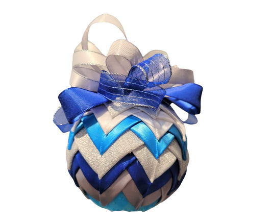 Ornament. Fabric Quilted Ornament. Christmas Ornament. Holiday Ornament. Blue Silver White Cascade. Christmas Tree Ornament. Holiday Ornament. Holiday Decor. Christmas Decor