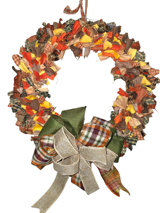 Autumn Harvest Handmade Front Door Wreath, Rustic Farmhouse Style, Fall Colors Fabric Rag Design with Plaid Pattern, Decorative Bow