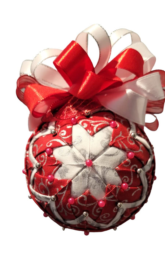 Ornament. Fabric Quilted Ornament. Christmas Ornament. Holiday Ornament. Red SilverStarburst. Christmas Tree Ornament. Holiday Ornament. Christmas Decor. Holiday Decor.