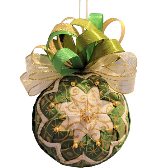 Ornament. Fabric Quilted Ornament. Christmas Ornament. Holiday Ornament. Green and Gold Starburst Christmas Tree Ornament. Holiday Ornament. Holiday Decor. Christmas Decor