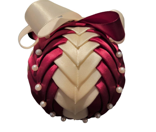Ornament. Fabric Quilted Ornament. Christmas Ornament. Holiday Ornament. Burgundy and Ivory Cascade. Christmas Tree Ornament. Holiday Ornament. Holiday Decor. Christmas Decor