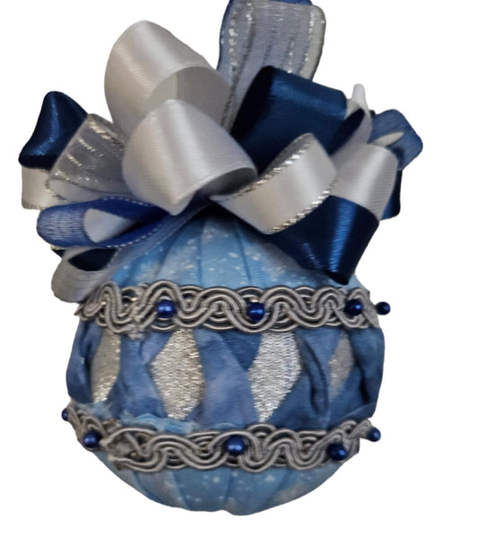 Ornament. Fabric Quilted Ornament. Christmas Ornament. Holiday Ornament. Blues, Whites, Silvers. Christmas Tree Ornament. Holiday Ornament. Christmas Decor. Holiday Decor.
