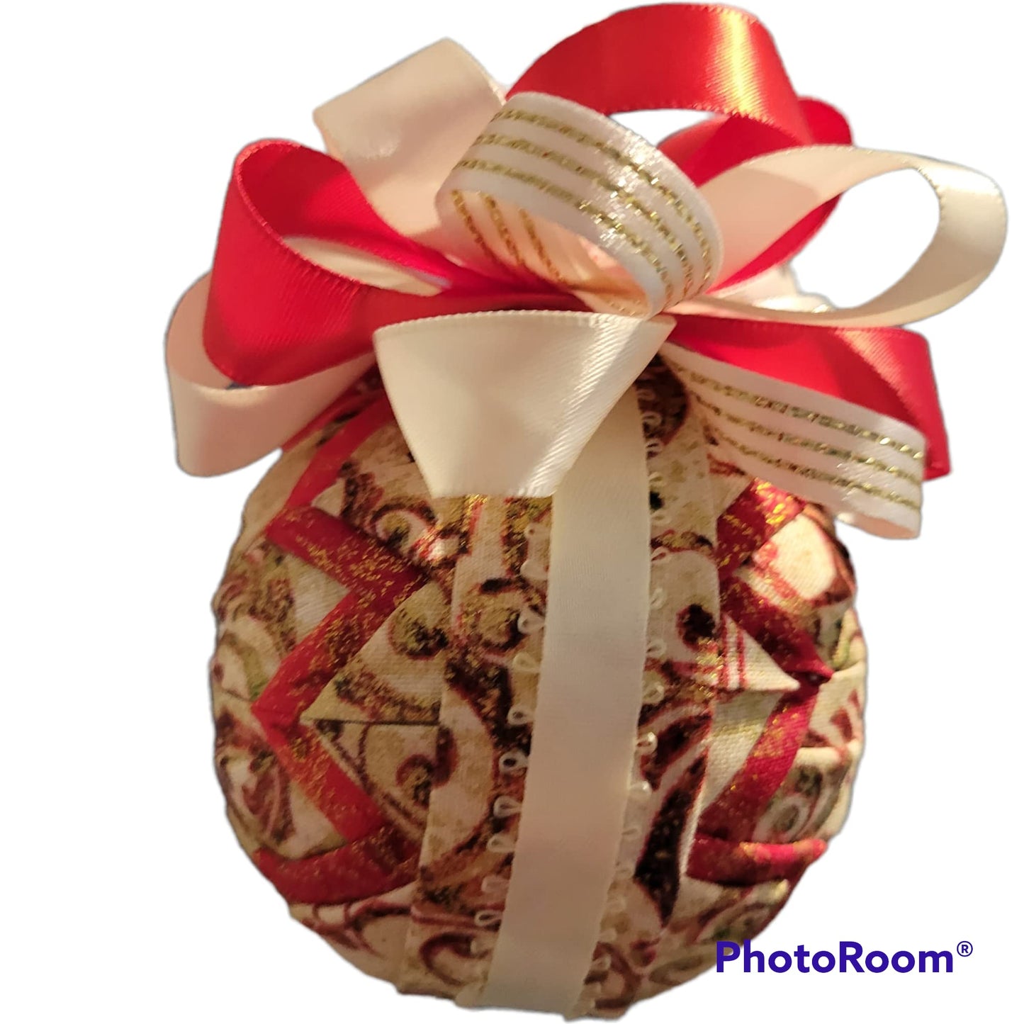 Ornament. Fabric Quilted Ornament. Christmas Ornament. Holiday Ornament. Printed and Ivory Fabric