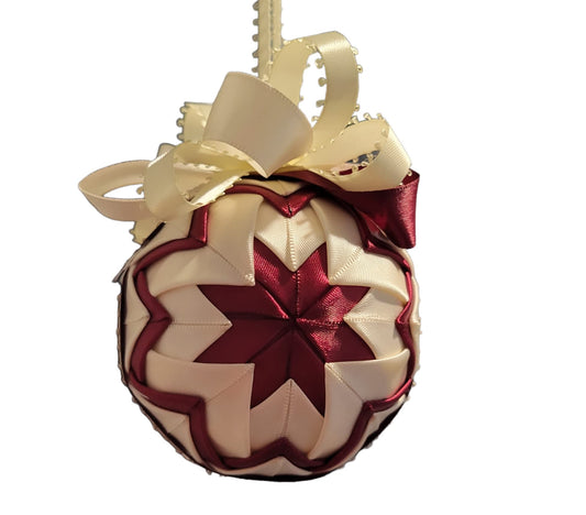 Ornament. Fabric Quilted Ornament. Christmas Ornament. Holiday Ornament. Burgundy and Ivory Fabric