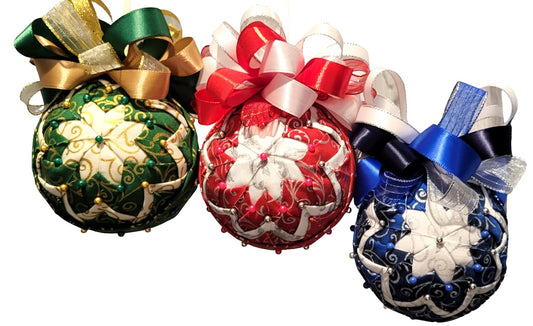 Ornament Set of 3. Fabric Quilted Ornament. Christmas Ornament. Holiday Ornament. Red, Blue, Green Christmas Tree Ornaments. Holiday Ornaments. Christmas Decor. Holiday Decor. Set of 3