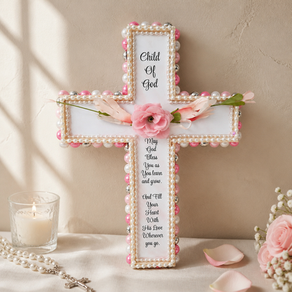 Floral Wooden Cross Keepsake | Child of God Baptism Home Decor | Christening | Confirmation | Religious Gift | Wall Decor