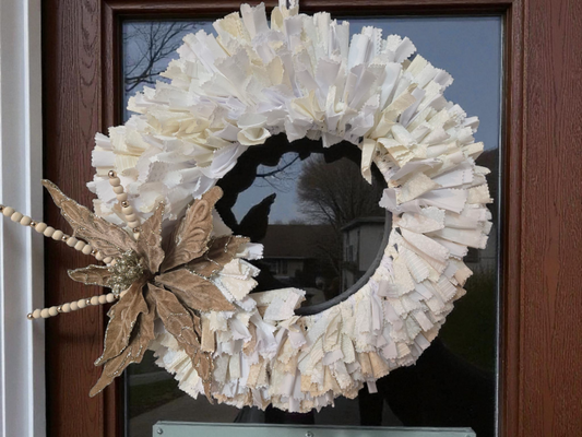 Neutral Tone Handmade Front Door Wreath, Rustic Farmhouse Style, Fall Colors Fabric Rag Design and Decorative Floral Embellishment