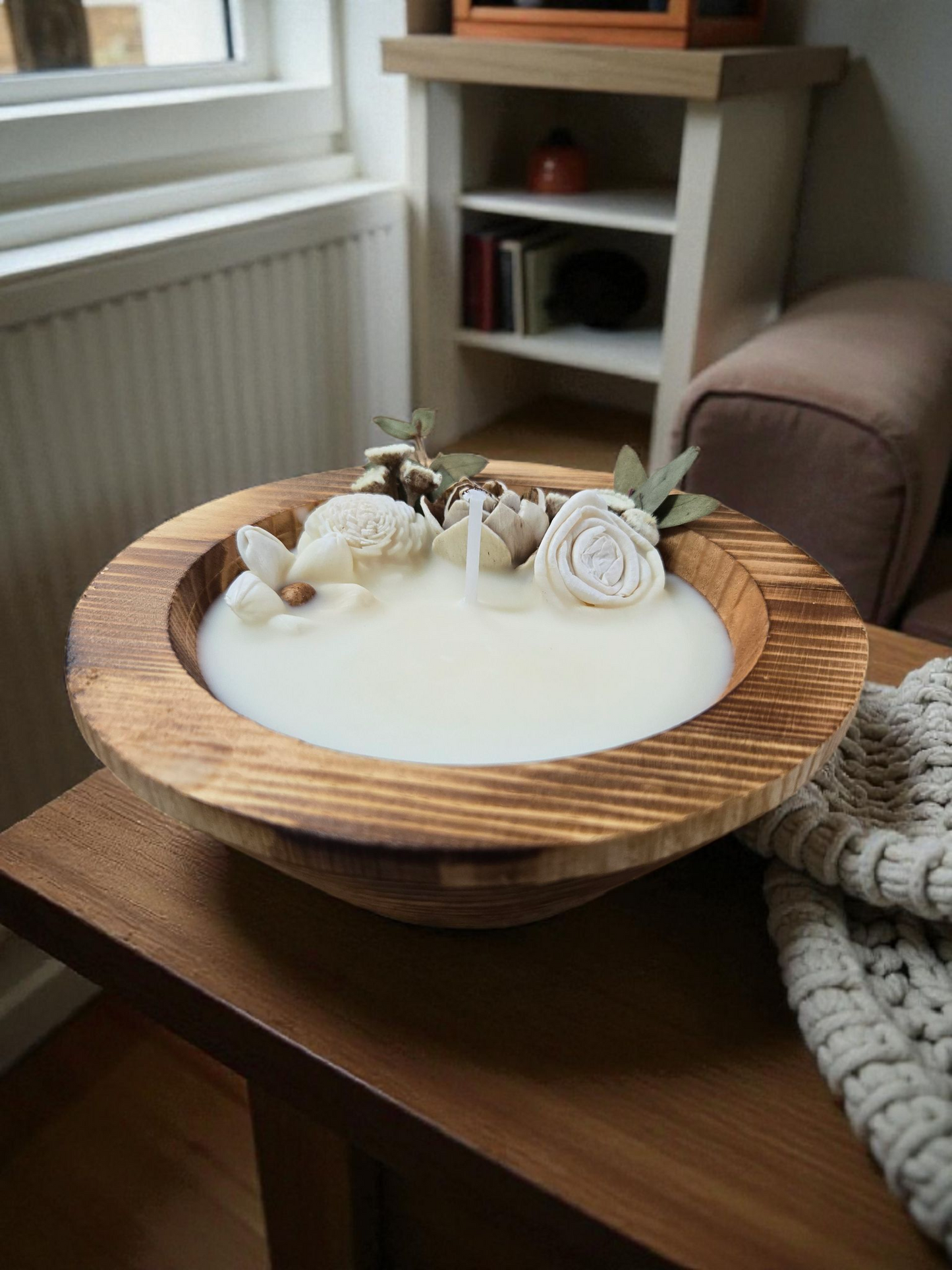 Mahogany Teakwood Dough Bowl Candle 1 Wick Round with Dried Flowers