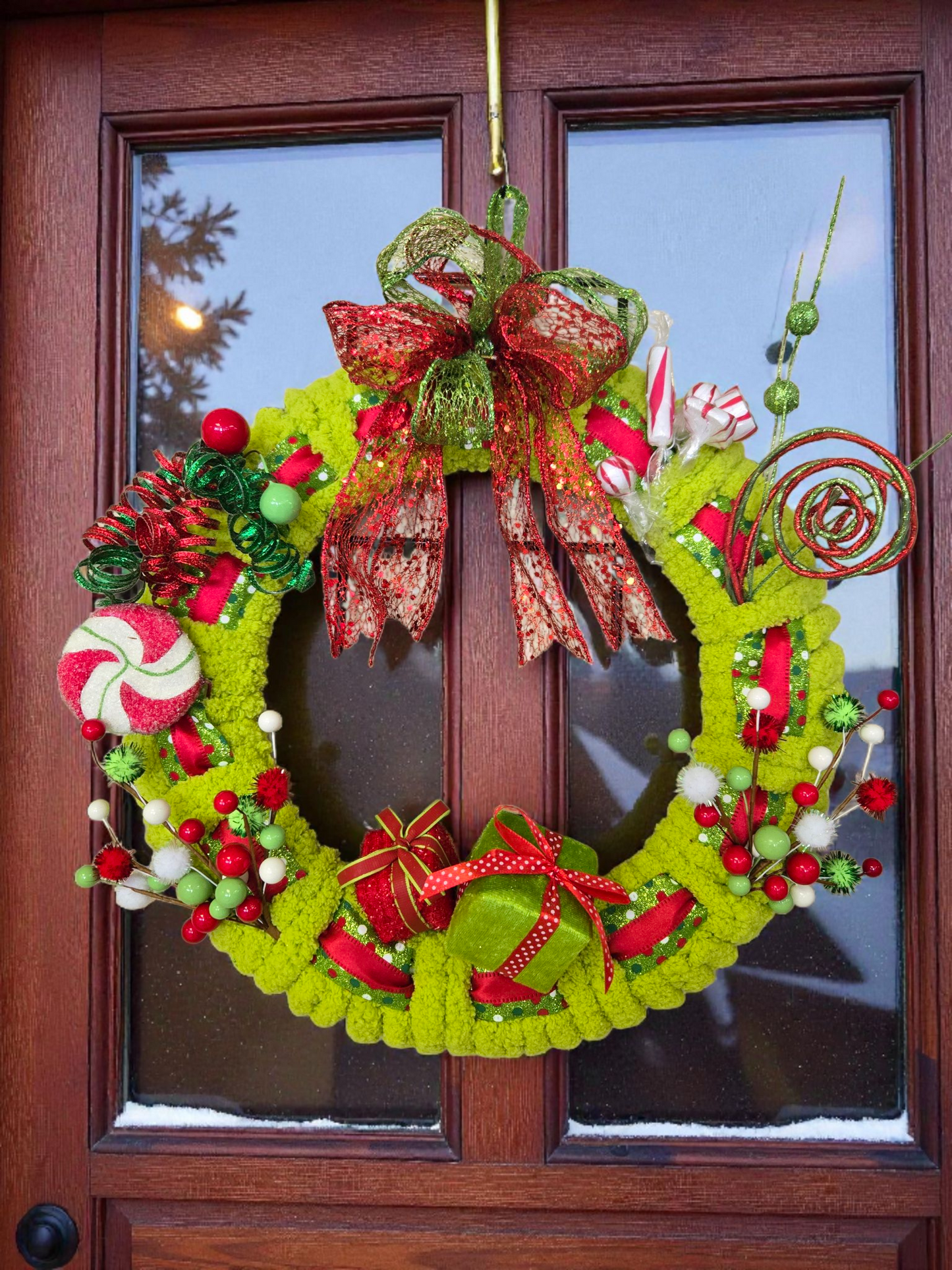 Whimiscal Handmade Front Door Wreath, Fun Grinchy Inspired Decoration Holiday Decorating