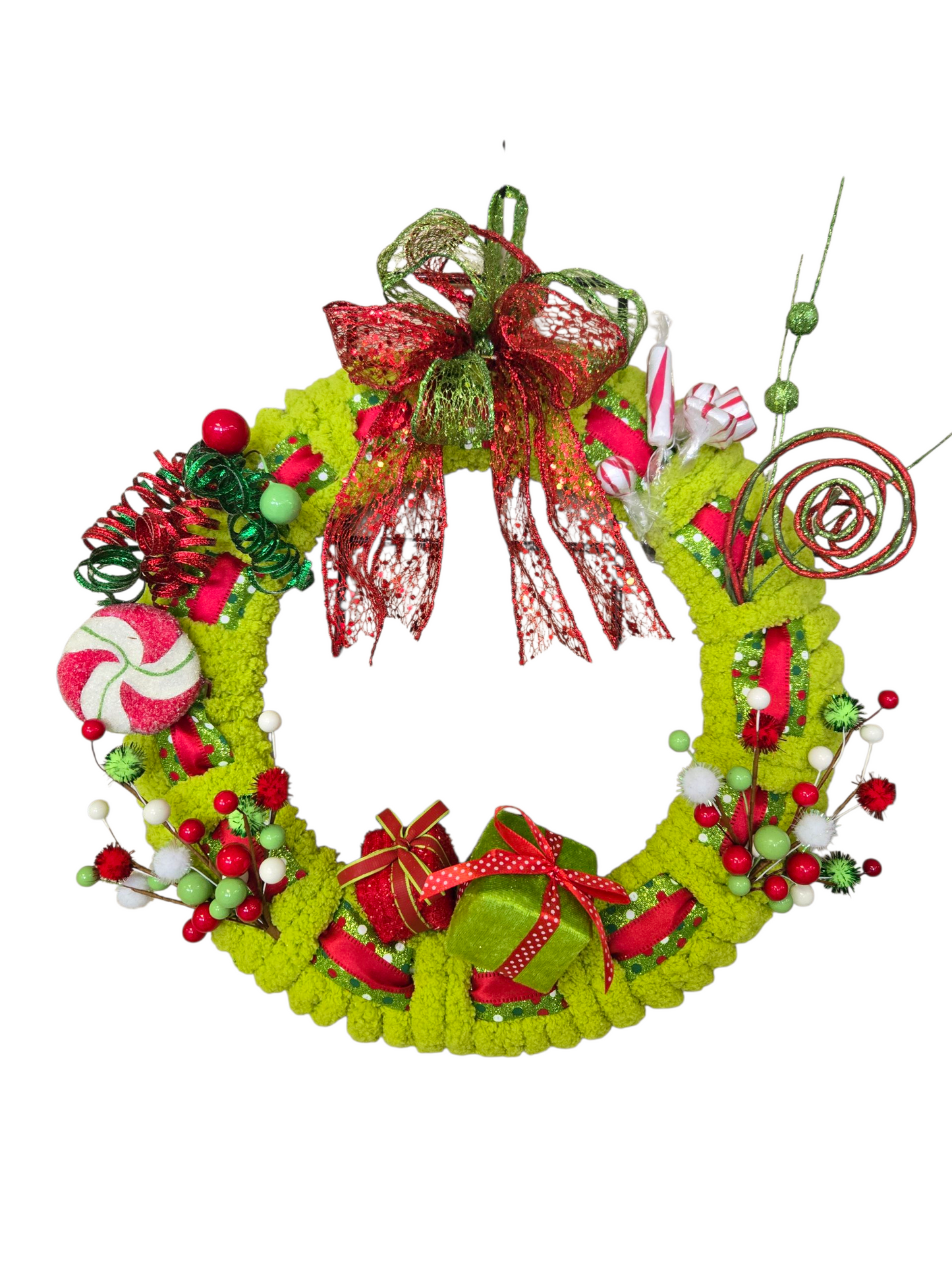 Whimiscal Handmade Front Door Wreath, Fun Grinchy Inspired Decoration Holiday Decorating