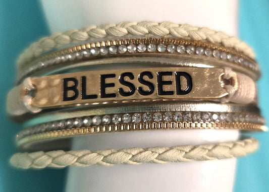 Beautiful Multi Strand Boho Bracelet with Magnetic Clasp adorned with Blessed with Rhinestones and Cream Twist Rope