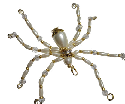 Beaded Spider. Spider. Spider Ornament. Spider Decor. White and Gold Beads Spider