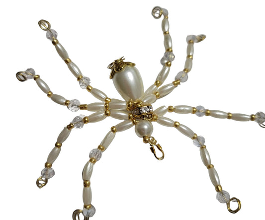 Beaded Spider. Spider. Spider Ornament. Spider Decor. White and Gold Beads Spider