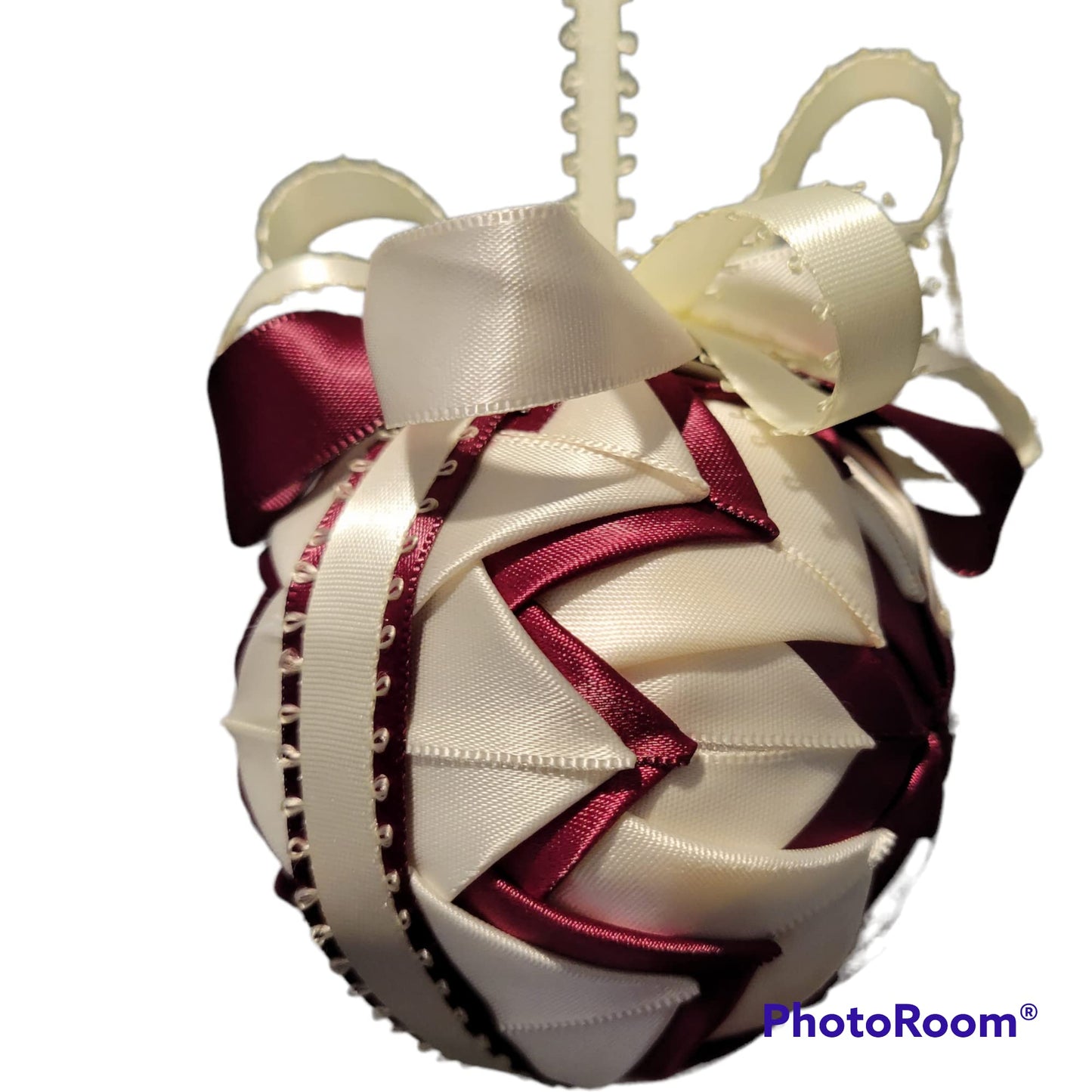 Ornament. Fabric Quilted Ornament. Christmas Ornament. Holiday Ornament. Burgundy and Ivory Fabric