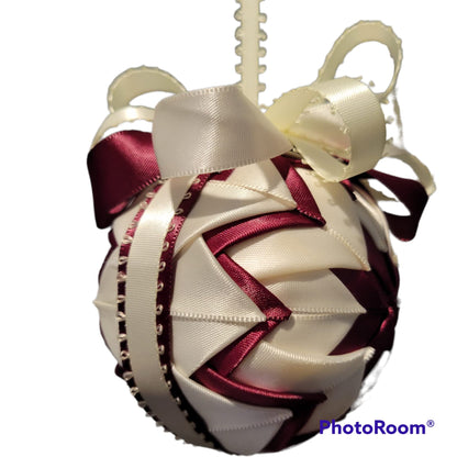 Ornament. Fabric Quilted Ornament. Christmas Ornament. Holiday Ornament. Burgundy and Ivory Fabric