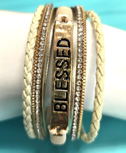 Beautiful Multi Strand Boho Bracelet with Magnetic Clasp adorned with Blessed with Rhinestones and Cream Twist Rope