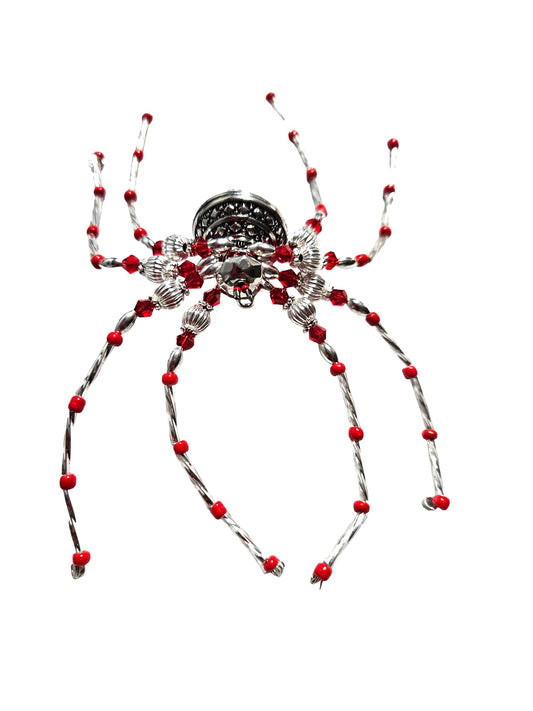 Beaded Spider. Spider. Spider Ornament. Spider Decor. Red Silver. Christmas Spider