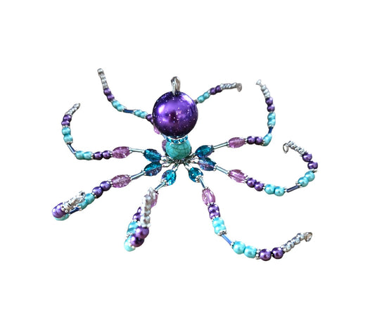 Beaded Octopus. Octopus. Octopus Ornament. Octopus Decor. Purple Aquamarine Silver. Sea Creature Ocean Sea Animal Cephalopod 8 Legs Beach Decor