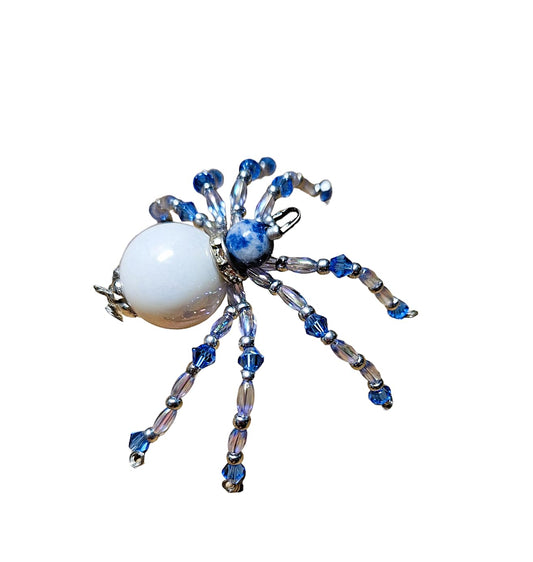 Beaded Spider. Spider. Spider Ornament. Spider Decor. White Blue Silver. Christmas Spider