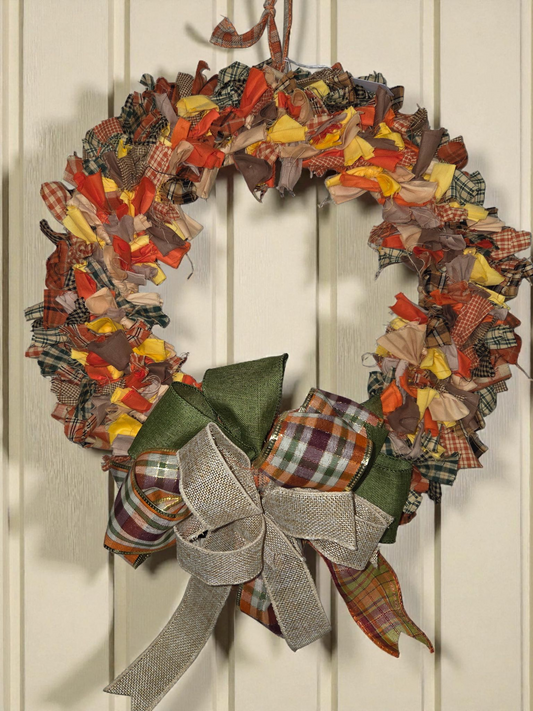 Autumn Harvest Handmade Front Door Wreath, Rustic Farmhouse Style, Fall Colors Fabric Rag Design with Plaid Pattern, Decorative Bow