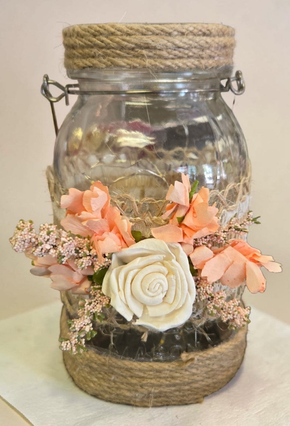 Rustic Lighted Mason Jar | Floral | Centerpiece | String Lights | Home Decor | Events