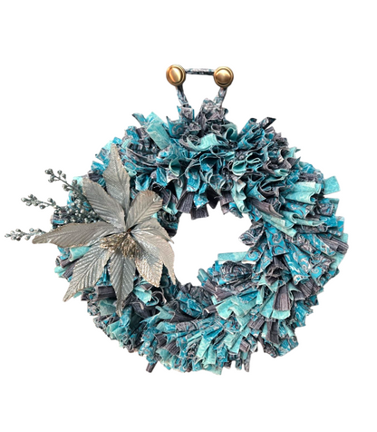 Turquoise and Gray Tone Handmade Front Door Wreath, Rustic Farmhouse Style, Fabric Rag Design and Decorative Floral Embellishment