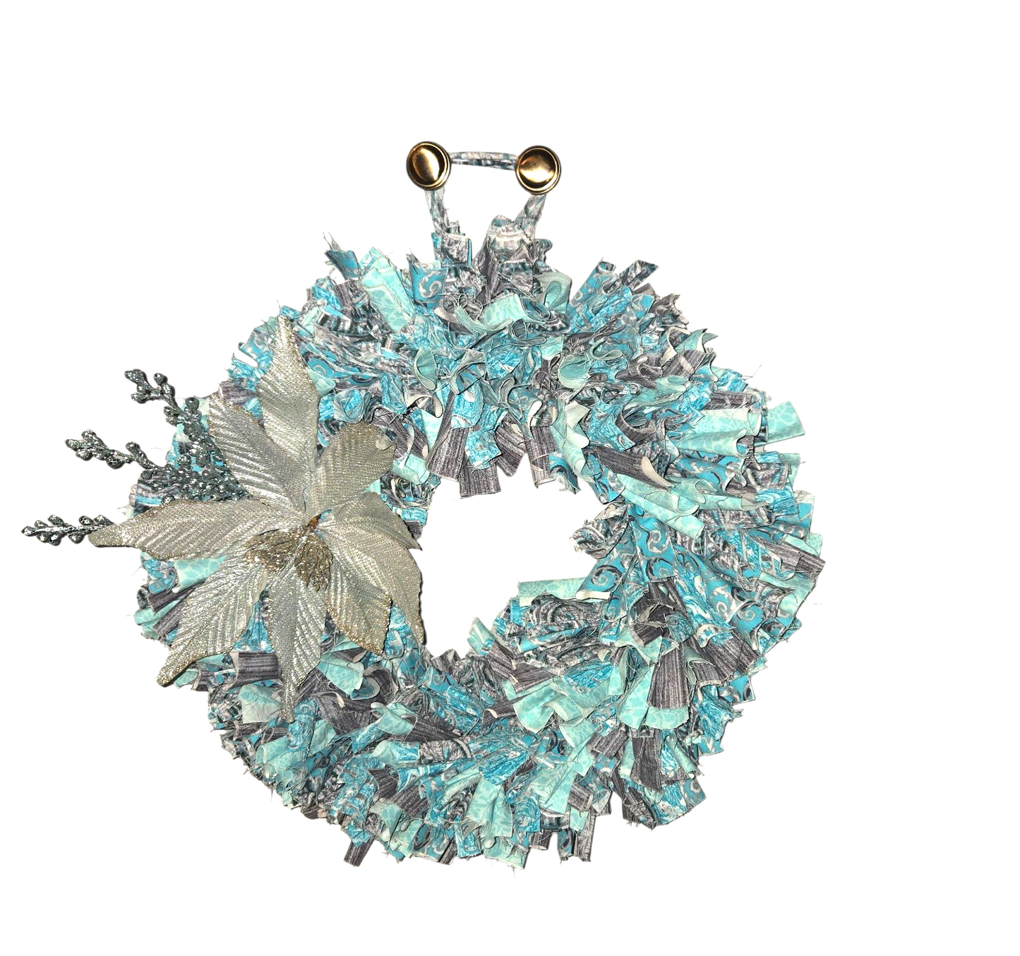 Turquoise and Gray Tone Handmade Front Door Wreath, Rustic Farmhouse Style, Fabric Rag Design and Decorative Floral Embellishment