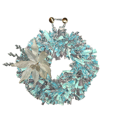 Turquoise and Gray Tone Handmade Front Door Wreath, Rustic Farmhouse Style, Fabric Rag Design and Decorative Floral Embellishment