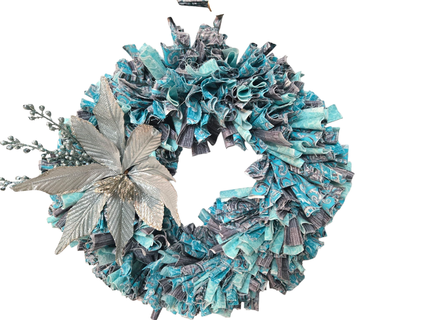 Turquoise and Gray Tone Handmade Front Door Wreath, Rustic Farmhouse Style, Fabric Rag Design and Decorative Floral Embellishment