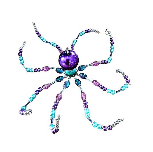 Beaded Octopus. Octopus. Octopus Ornament. Octopus Decor. Purple Aquamarine Silver. Sea Creature Ocean Sea Animal Cephalopod 8 Legs Beach Decor