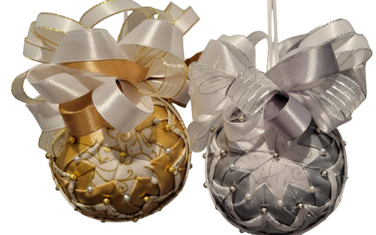 Ornament Set of 2. Fabric Quilted Ornament. Christmas Ornament. Holiday Ornament. Gold and Silver Starburst Ornament set of 2. Christmas Tree Ornament. Holiday Ornament. Christmas Decor. Holiday Decor