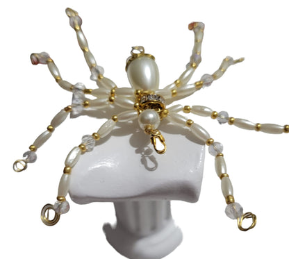 Beaded Spider. Spider. Spider Ornament. Spider Decor. White and Gold Beads Spider