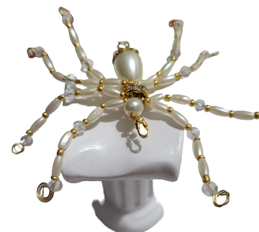 Beaded Spider. Spider. Spider Ornament. Spider Decor. White and Gold Beads Spider