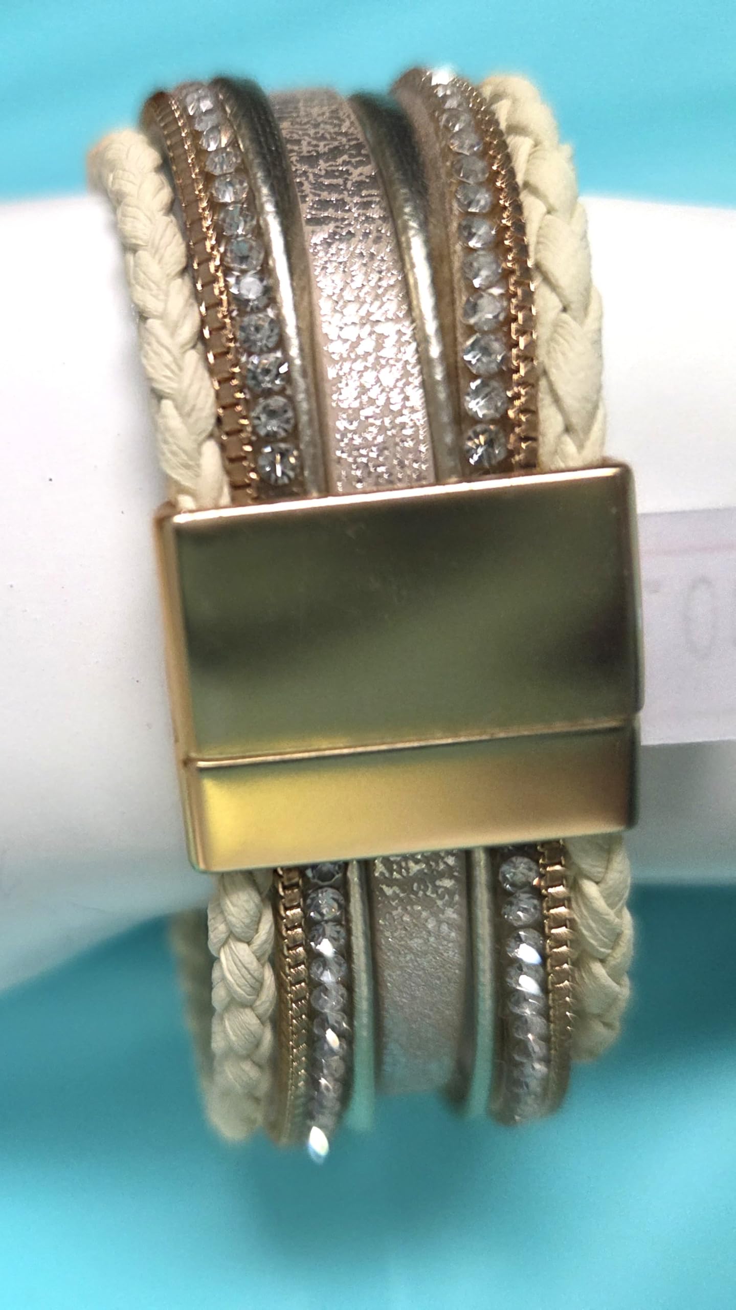 Beautiful Multi Strand Boho Bracelet with Magnetic Clasp adorned with Blessed with Rhinestones and Cream Twist Rope