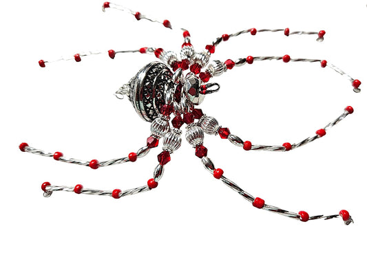 Beaded Spider. Spider. Spider Ornament. Spider Decor. Red Silver. Christmas Spider