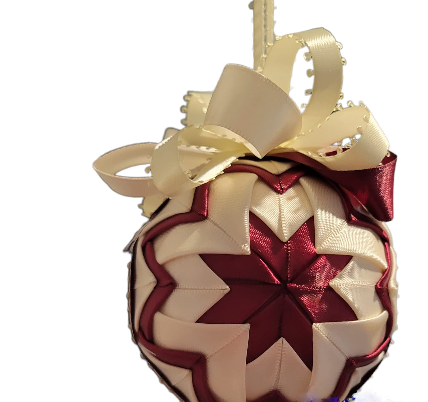 Ornament. Fabric Quilted Ornament. Christmas Ornament. Holiday Ornament. Burgundy and Ivory Fabric